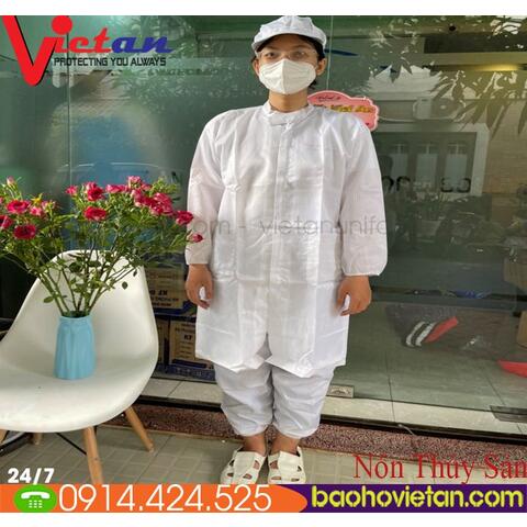 Quần Áo Blouse Phòng Sạch Cổ Trụ Dài Tới Gối + Nón Kết Màu Trắng