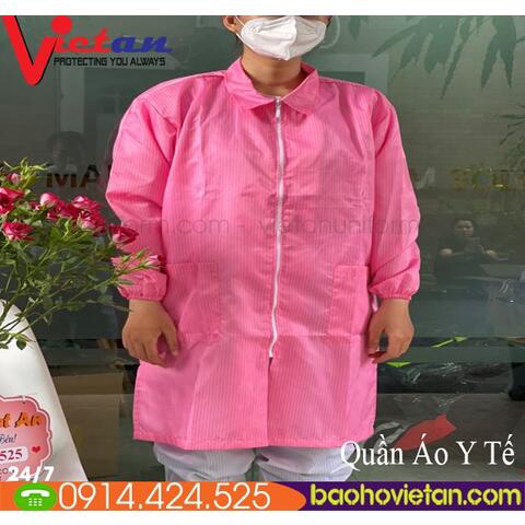 Áo Blouse Phòng Sạch Dài Tới Gối Bo Thun Màu Hồng