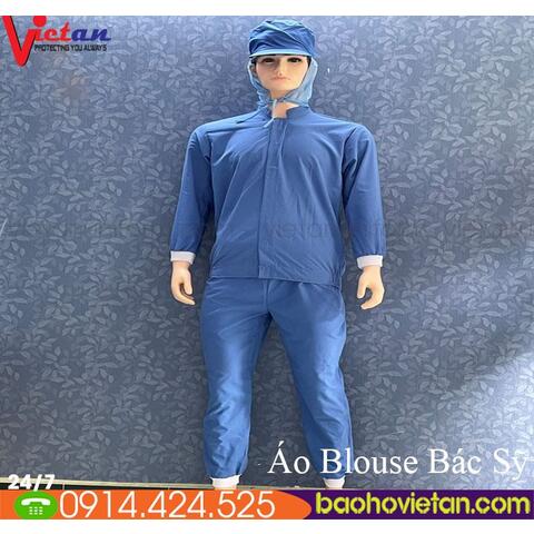 Quần Áo Y Tế Nam Bo Thun Tay Chân Màu Xanh Dương + Nón Cột Dây