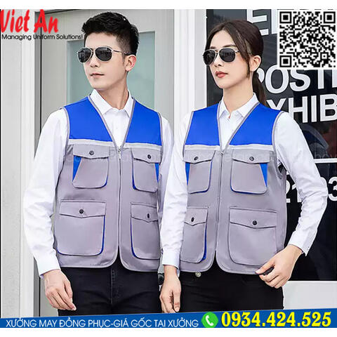 Áo Ghile Bảo Hộ Lao Động Màu Xám Phối Xanh Dương GLVA20