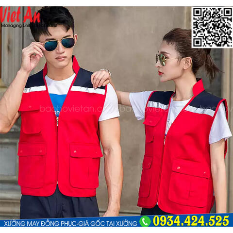 Áo Ghile Bảo Hộ Lao Động Màu Đỏ Phối Xanh GLVA15