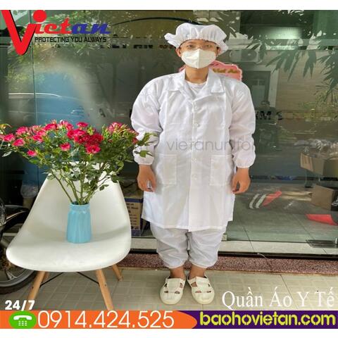 Quần Áo Blouse Phòng Sạch Cổ Bẻ + Nón Bánh Tiêu Màu Trắng