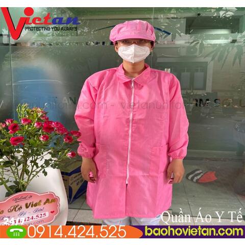 Áo Blouse Phòng Sạch Tay Dài Bo Thun + Nón Kết Màu Hồng